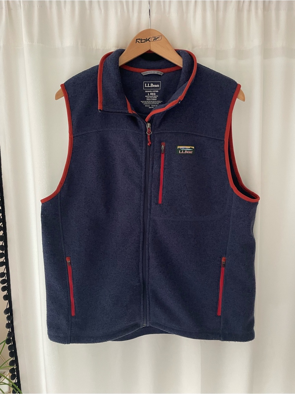 L.L. Bean men’s sweater vest fleece blue L large navy orange trim full zip vest